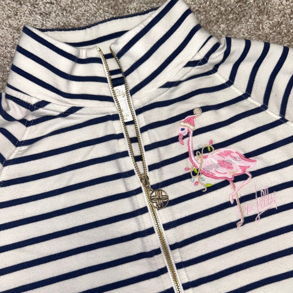 Lilly Pulitzer Skipper Popover Striped Flamingo Women Small 1/4 Zip FLAWED*